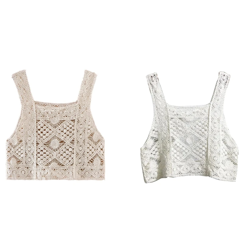 Women Vintage Crochet Camisole Bohemian Hollow Out Geometry Floral Knitted Vest Slim Sleeveless Crop Top Beachwear