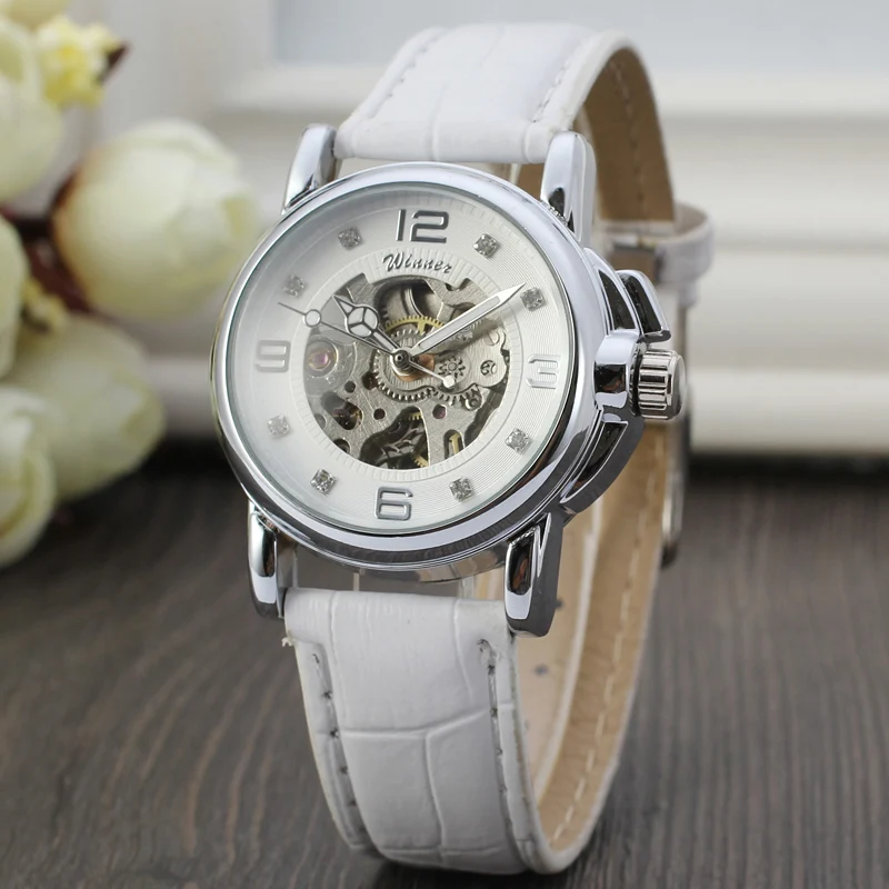 T-WINNER Fashionelegant ladies wrist watch  simple style with diamonds leather strap automatic mechanical watch