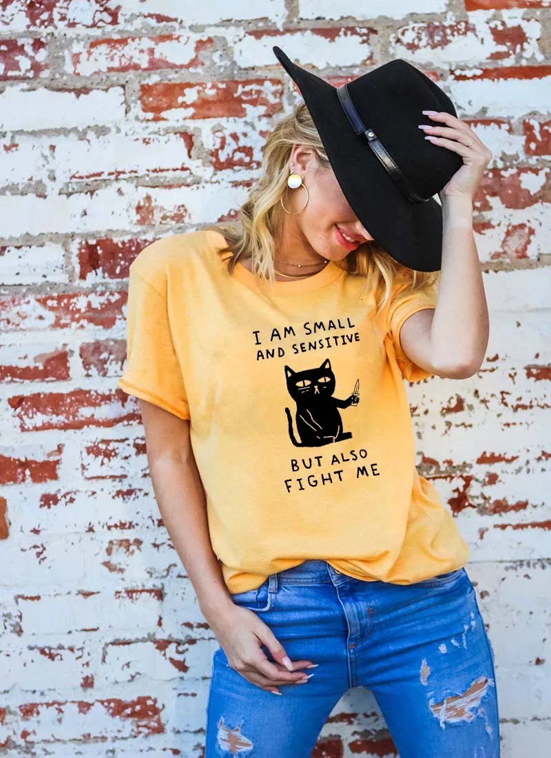 

I AM SMALL AND SENSITIVE BUT ALSO FIGHT ME CAT cute and sassy design Women T-Shirt Summer Unisex Casual 100%Cotton funny Short Sleeve tops tee