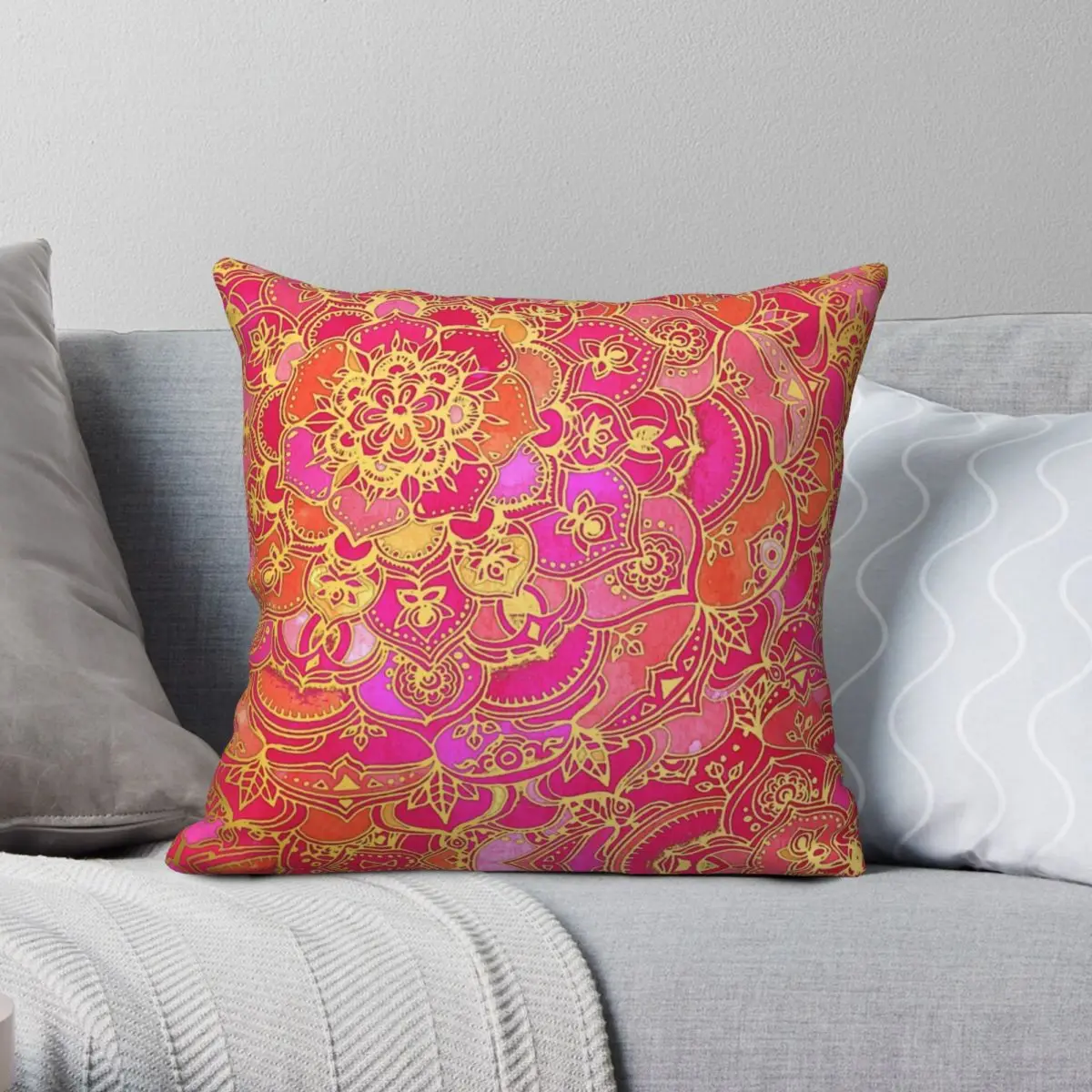 Hot Pink And Gold Baroque Floral Pillowcase Polyester Linen Velvet Zip Decor Pillow Case Home Cushion Cover