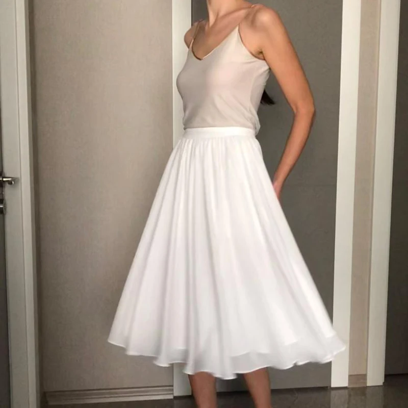 Chiffon Ruffles Skirts Midi-dress Stretch Waist White A-Line Skirt Casual Pleated for Temperament Woman Wedding Formal Skirts