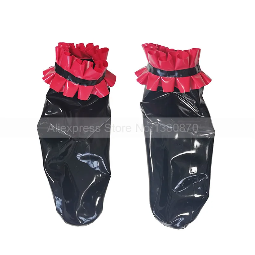 Natural Latex Rubber Women Men Sexy Black And Red Socks With Lace Seamed Handmade S-LA058