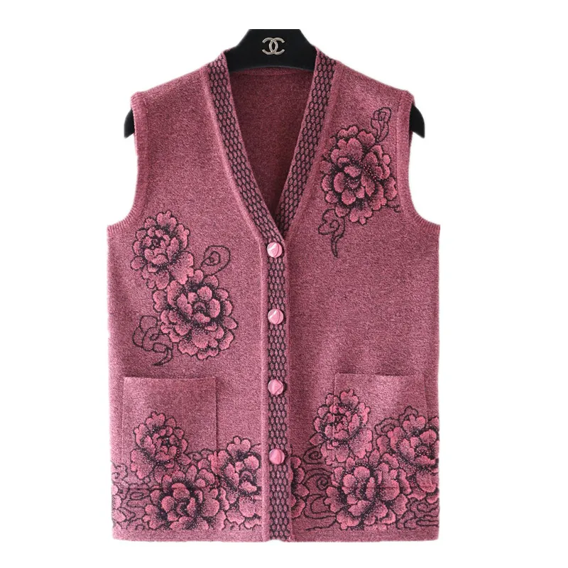 

Knitted Sweaters Cardigan Middle-Aged and Elderly Women's Vest Waistcoat Autumn Winter Single-Breasted Thicken Sleeveless Coat