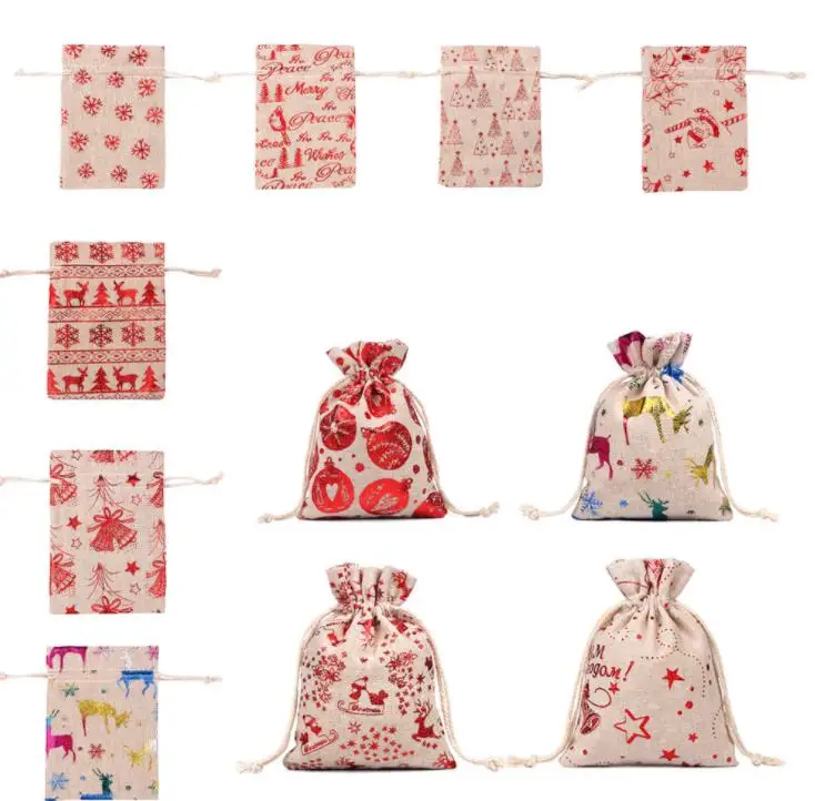 Colorful Linen Christmas Cotton Bags 10x14 13x18cm Home Party Muslin Candy Gifts Jewelry Packaging Bags Drawstring Gift Bags SN