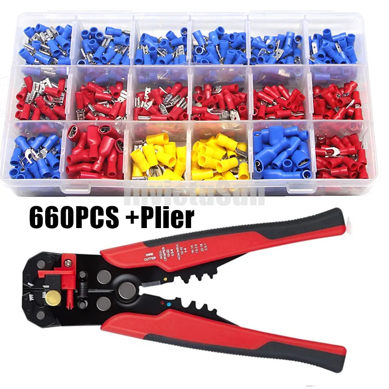 

660PCS Insulated Cable Connector Female Male Electrical Wire Assorted Crimp Spade Butt Fork Terminals Kit + Wire Stripper Plier