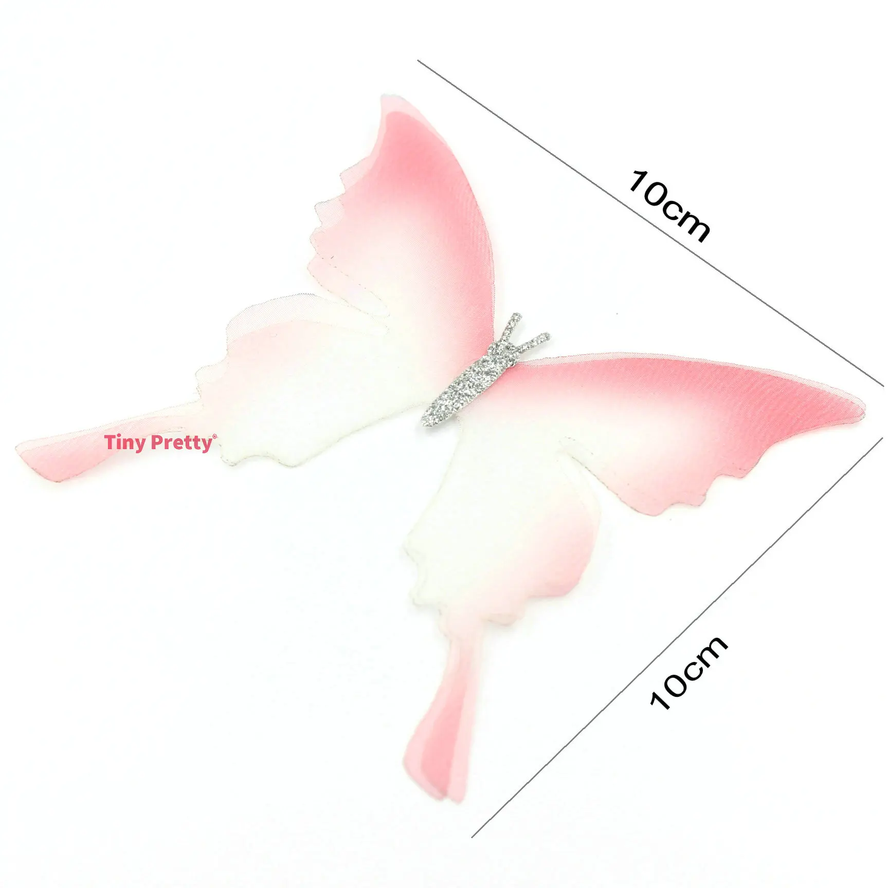 5PCS Gradient Pink Fabric Butterfly Appliques 10cm Organza Butterflies With Glitter Body for Wedding Party Decoration