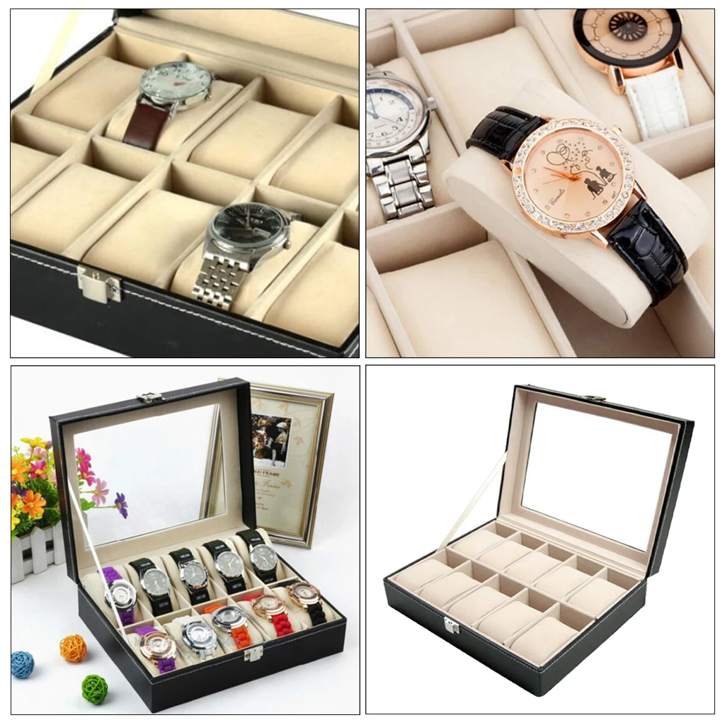 10 Slots Watch Box PU Leather Luxury Watch Case Holder Organizer Storage Box For Watches Men Glass Top Watch Organizer Jewelry