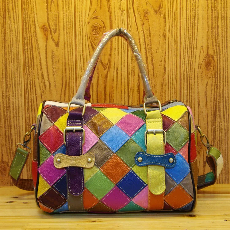 

Real Leather Women's Casual Multi-color Plaid Stitching Handbag Fashion Colorful Random Spliced Messenger Shoulder Tote bag Q216