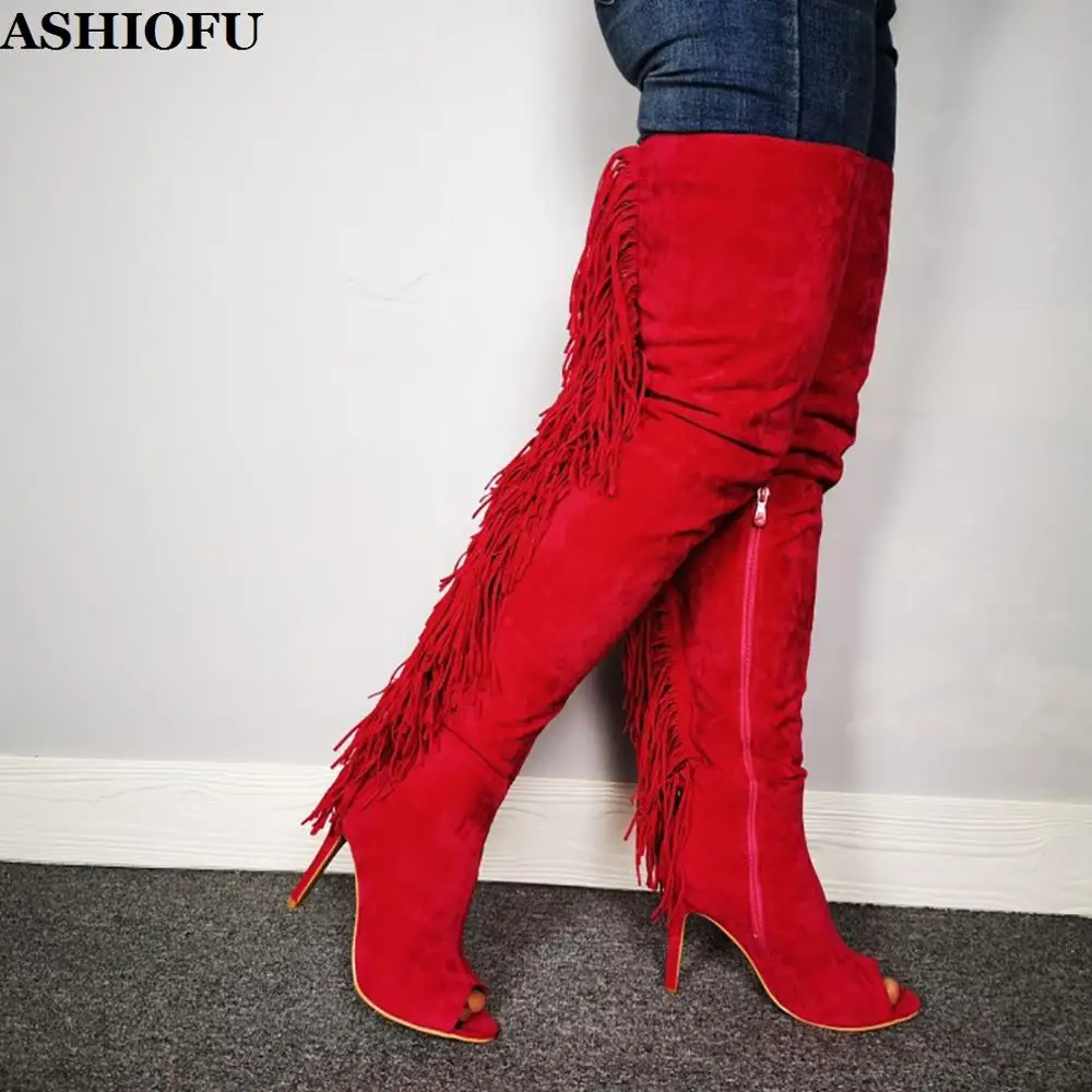 

ASHIOFU New Arrival Women Stiletto Heel Over Knee Boots Fringed&Tassels Real-photos Thigh High Boots Peep-toe Party Prom Boots