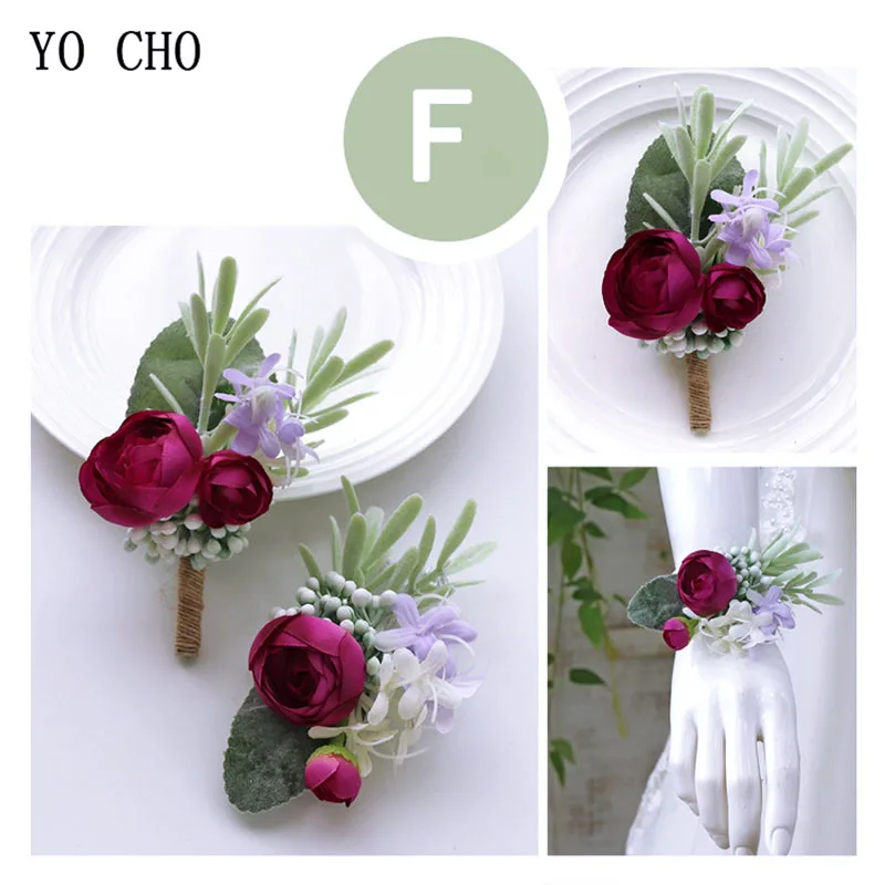 YO CHO Wedding Flower Wrist Corsage Bracelet Men Boutonniere Bridesmaid Wrist Corsages Girl Bracelet Pink Artificial Silk Rose