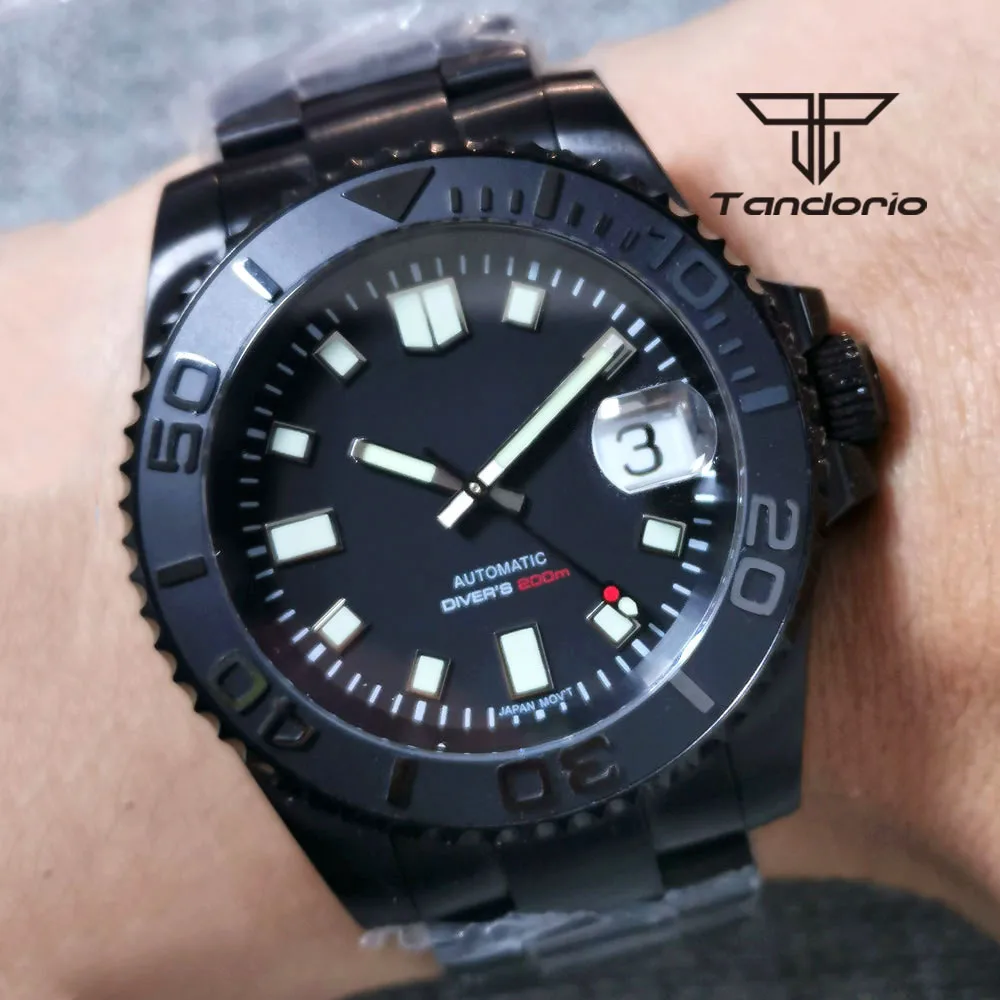 

Tandorio Full Black PVD 40mm PT5000 NH35A Automatic Men Watch 20ATM Sapphire Glass Luminous Dial Ceramic Bezel Bracelet