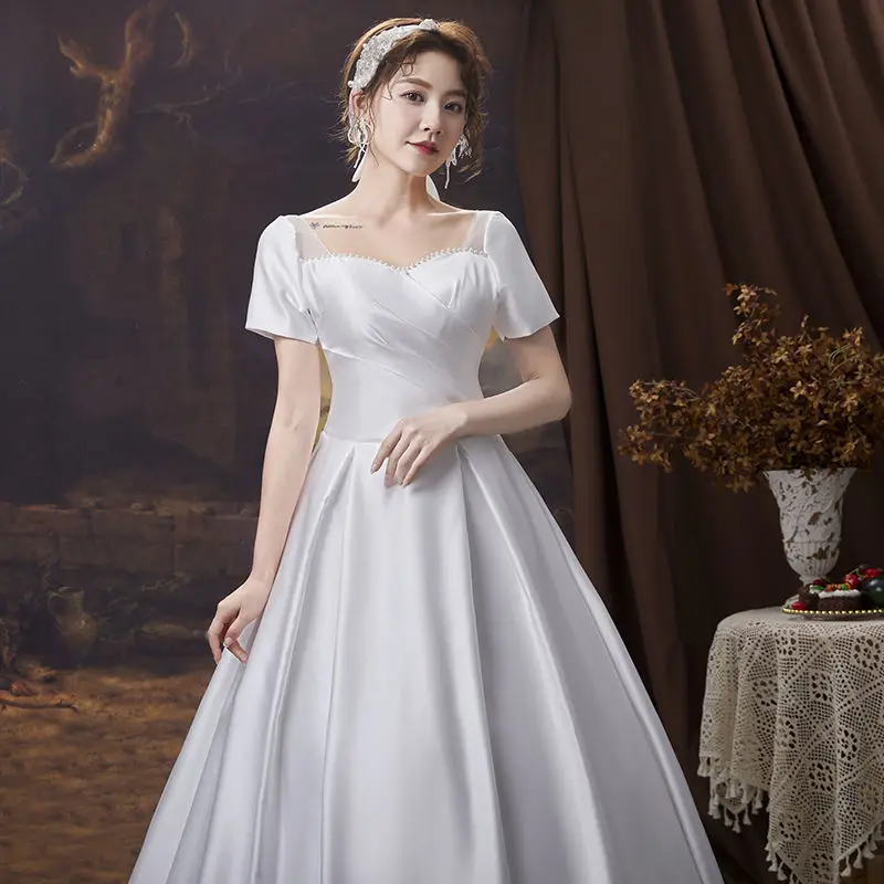 O11889 White Satin Wedding Dress Bride Lace Up Vintage Wedding Dresses Sweet Memory Women Guest Long Robes Party Prom Gown