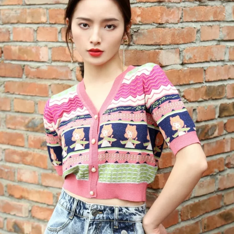 

Thin Summer Cardigans Women Colors Striped Hollow Out Cartoon Girl Cardigan Crop Top 2021 Short Sleeve Cardigan Sweater Shirt