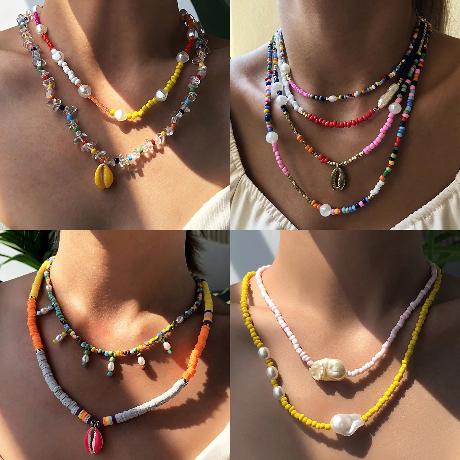 Wgoud Bohemian Multi Layered  Beaded Strand Necklace Women Layering Beach Shell Pearl Statement Necklace Jewelry Gift