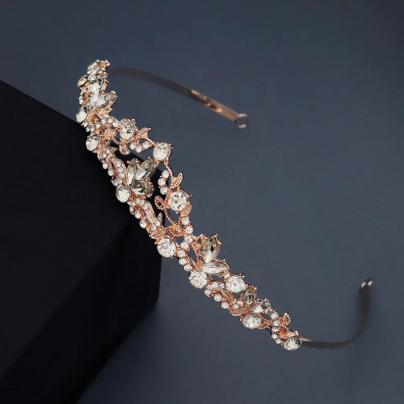 Luxury Vintage Handmade Headband for Women Rose Gold Color Rhinestone Crown Water Drop Shape Tiara Bride Wedding Hair Jewelry XH