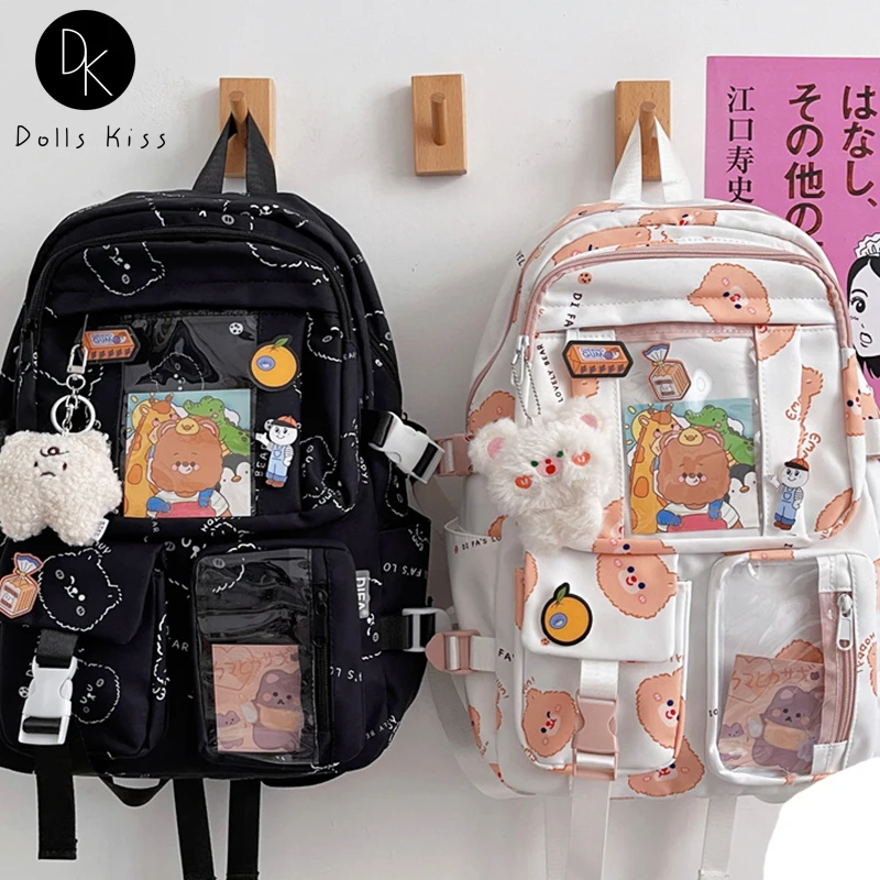 

Female Japanese Harajuku Ita Bag Ladies Retro Kawaii Bear Print Backpack New Cute Pendant Large Capacity Student School Bag