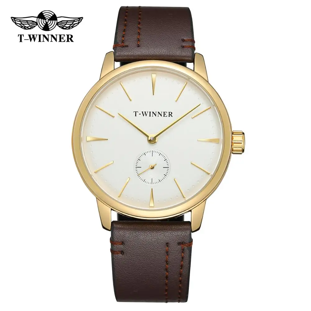 T-WINNER Fashion simple casual men\'s and women\'s wrist watch white dial gold case dark brown leather strap mechanical watch