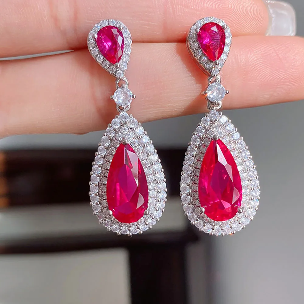 KNRIQUEN 8*16MM Water Drop Paraiba Tourmaline Emerald Lab Diamond Ruby Drop Earrings Vintage Wedding Gemstone Jewelry Women Gift