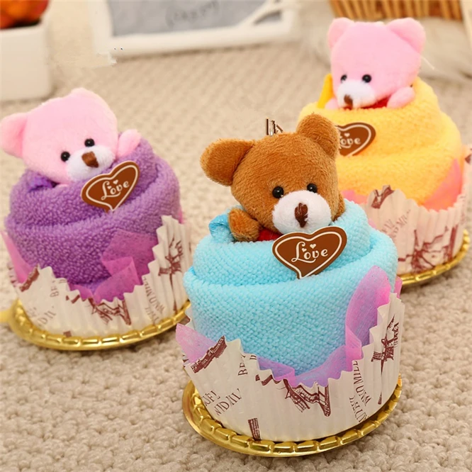 

10 Sets 30x30cm Creative Towels Mini Bear Cup Cake Pack Microfiber fabric Hand Towels Face Washing Towel Party Wedding Gifts