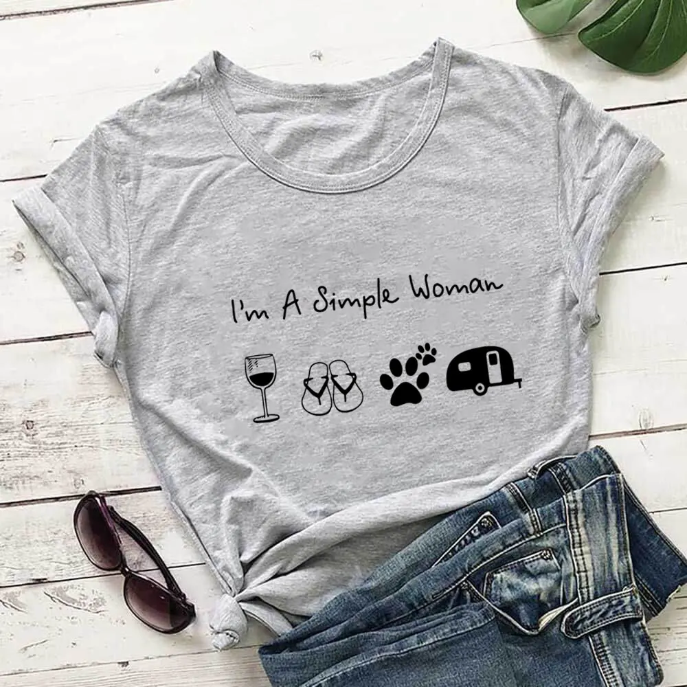 Eu sou uma simples mulher 100% algodão impressão camiseta nova chegada engraçado verão casual manga curta topo cachorro mãe camisa férias t