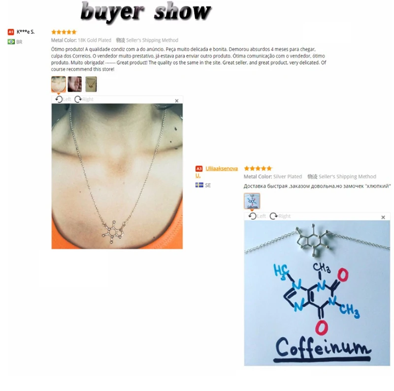 Jisensp Caffeine Molecule Geometric Necklaces Pendants DNA Serotonin Dopamine Necklace Chain Chokers Chemistry Female Collars