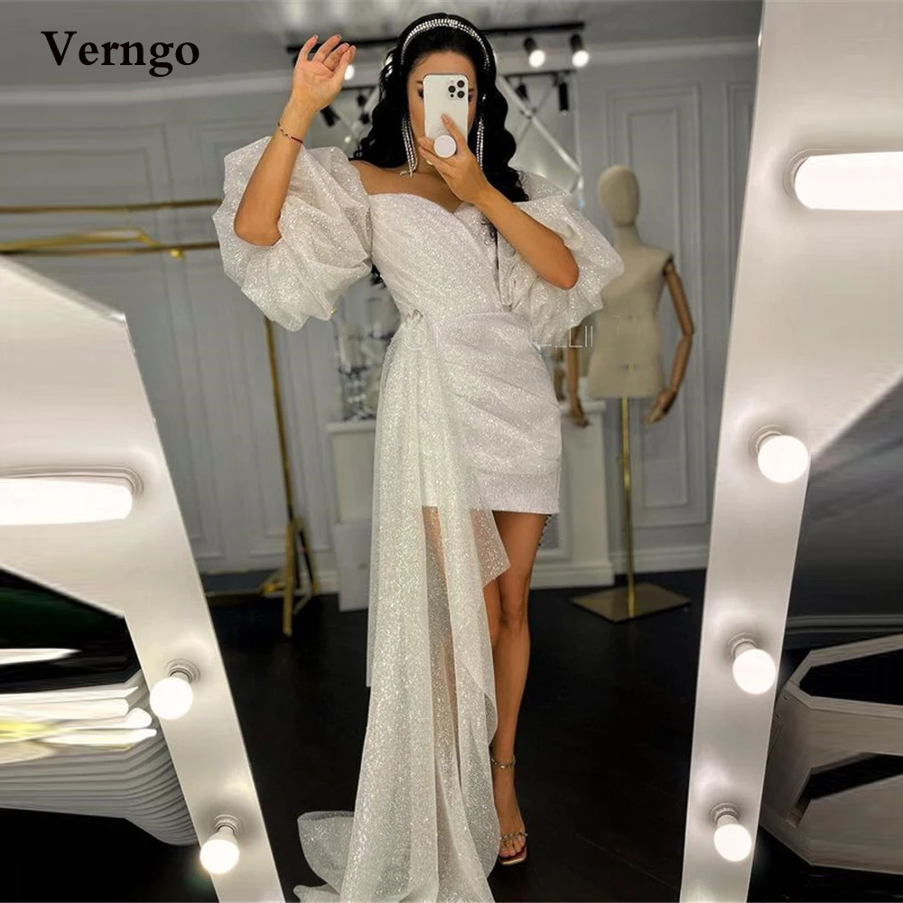 Verngo Shimmer Short Wedding Dress Puff Sleeves Sweetheart Glitter Modern Bride Party Dress Wear Gown Formal Dress Customized