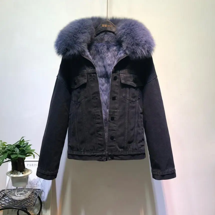 Winter Fashion Warm Natural Fox Fur Collar coat + Real Rabbit Hair Liner Denim Jacket Female beading Thick Real Fur Outwear F703