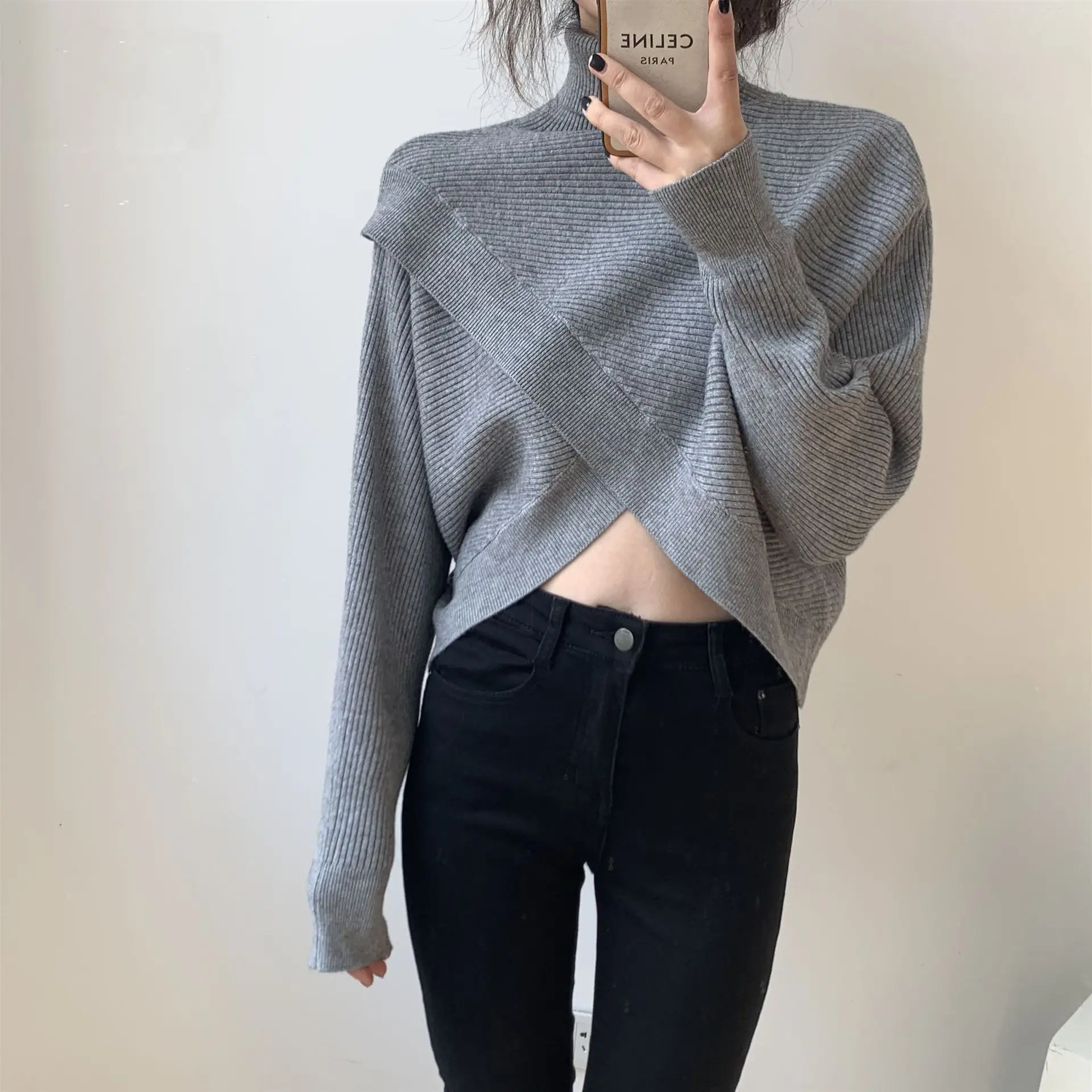 Women Korean Style Cross-front Turtleneck Sweater 2024 Spring Fall Streetwear Knitted Pullover Sweaters Long Sleeve Crop Top