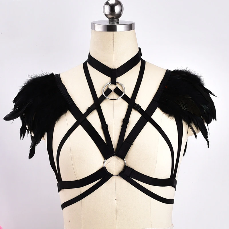 Women Feather Black Harness Bra Body Cage Adjust Open Chest Sexy Lingerie Goth Garter Festival Rave Bondage Body Harness Belt