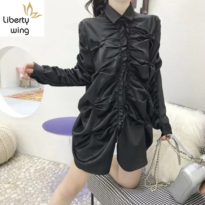 Lipat Desainer Blus Wanita Baru Fashion Longgar Lengan Panjang Satin High Street Vintage Putih/Hitam Kemeja