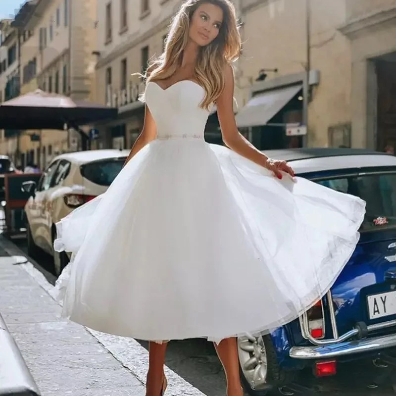 Kurze Hochzeit Kleid Einfache Neue 2021 Robe De Mariee Maß für Frauen Tee Länge Perlen Schärpe EINE Linie Braut kleid Vestido De Novi