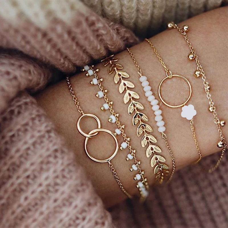 Bohemian Gold Color Tassel Bracelets for Women Boho Jewelry Geometric Leaves Beads Layered Chain Charm Bracelet Set 2022
