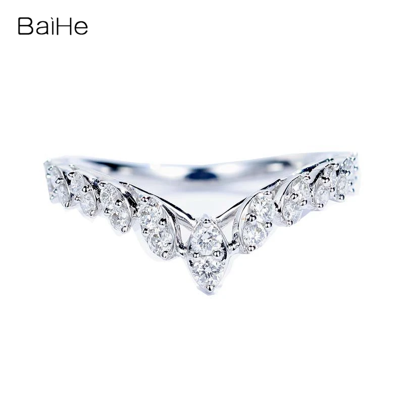 

BAIHE Solid 14K white Gold 0.45ct H/SI Natural Diamond Crown Princess Ring Women Fine Jewelry Making Anillo princesa heredera