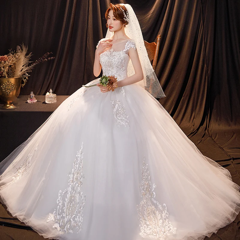 ClassicNeck 짧은 소매 웨딩 드레스 빛나는 장식 조각 웨딩 드레스 크기 레이스 신부 드레스 Vestido Noiva Robe Mariage Customized