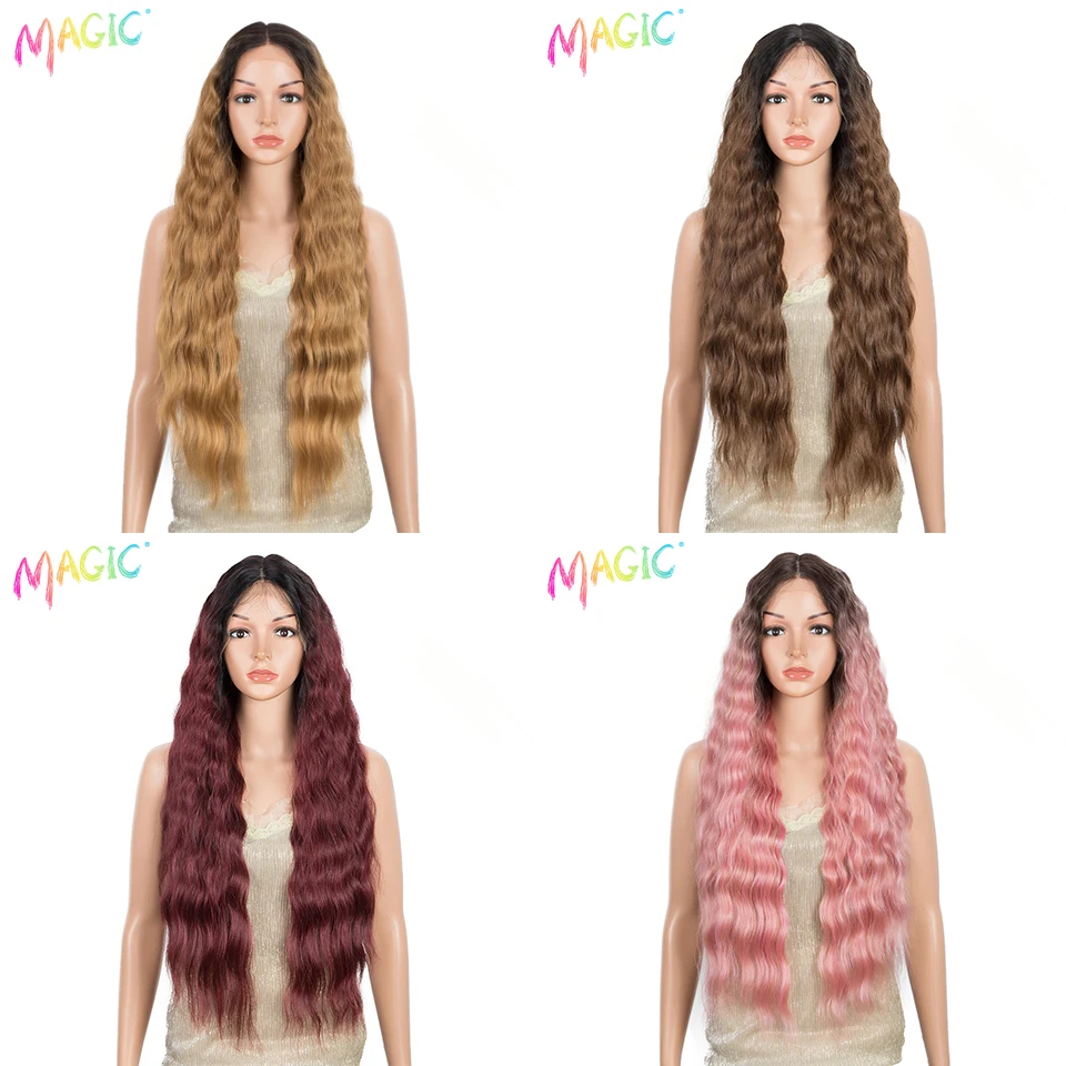 MAGIC Synthetic Lace Wigs For Black Women 30 inch Long Deep Wavy Wig Ombre Blonde Wig High Temperature Synthetic Cosplay Wig