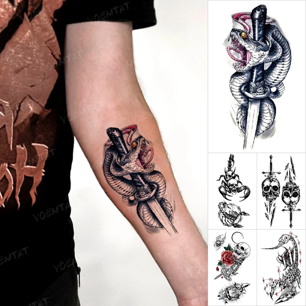 Snake Python Horror Animal Waterproof Temporary Tattoo Stickers Scorpion Skull Rose Cross Flash Tatoo Transfer Tattoos Men Women