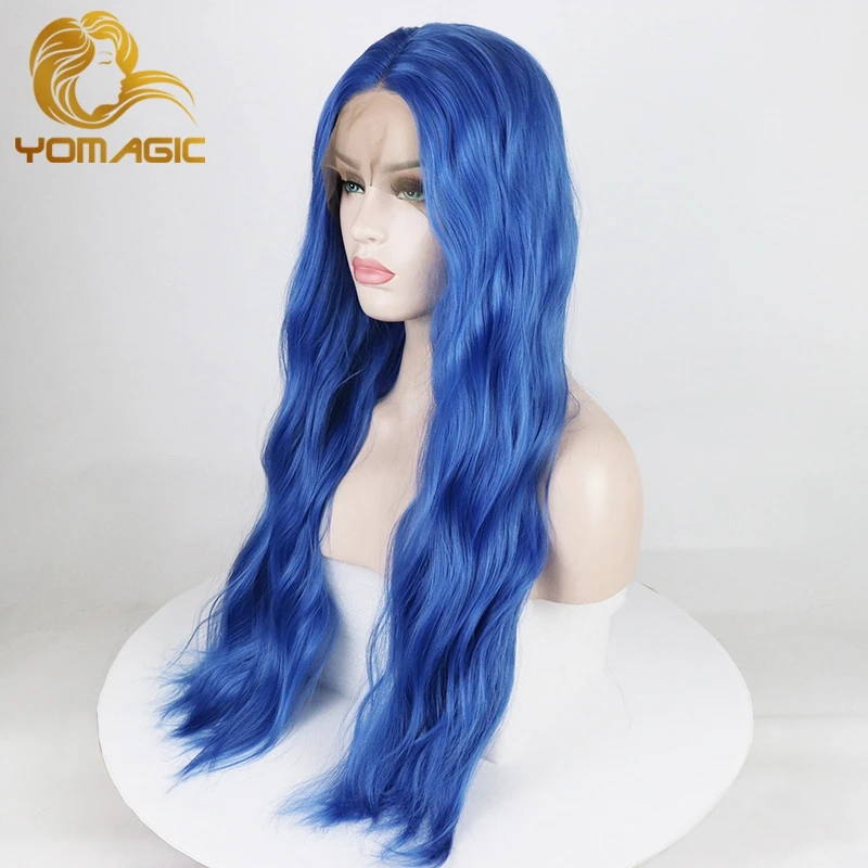 Yomagic Blauwe Kleur Synthetisch Haar Lace Front Pruiken Met Natuurlijke Haarlijn Body Wave Warmte Resisitant Fiber Lijmloze Kant Pruik