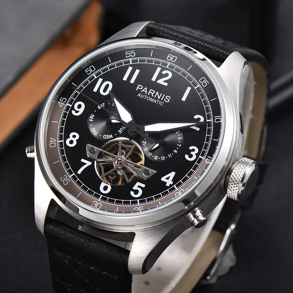 New Arrival Parnis 48mm Men Watch Automatic Mechanical Black Strap Calendar Week Display Skeleton Tourbillon Mens Watches 2023