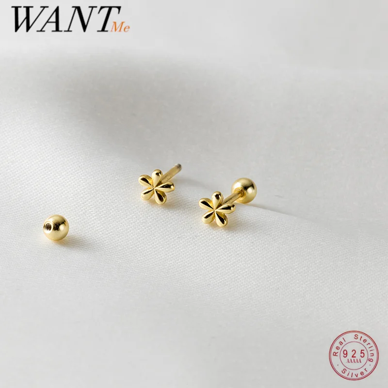 WANTME 925 Sterling Silver Fashion Simple Golden Flower Beads Small Stud Earrings for Women Teen Piercing Jewelry Accessories