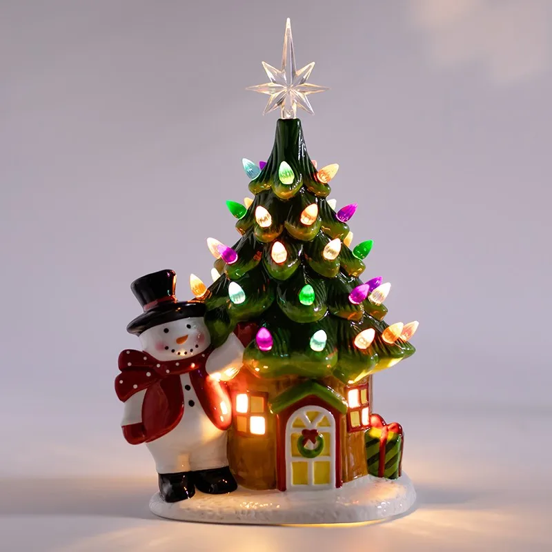 Customized 2021 table decoration LED lighting gift snowman ceramic Christmas tree (minimum order of 1000 pieces)