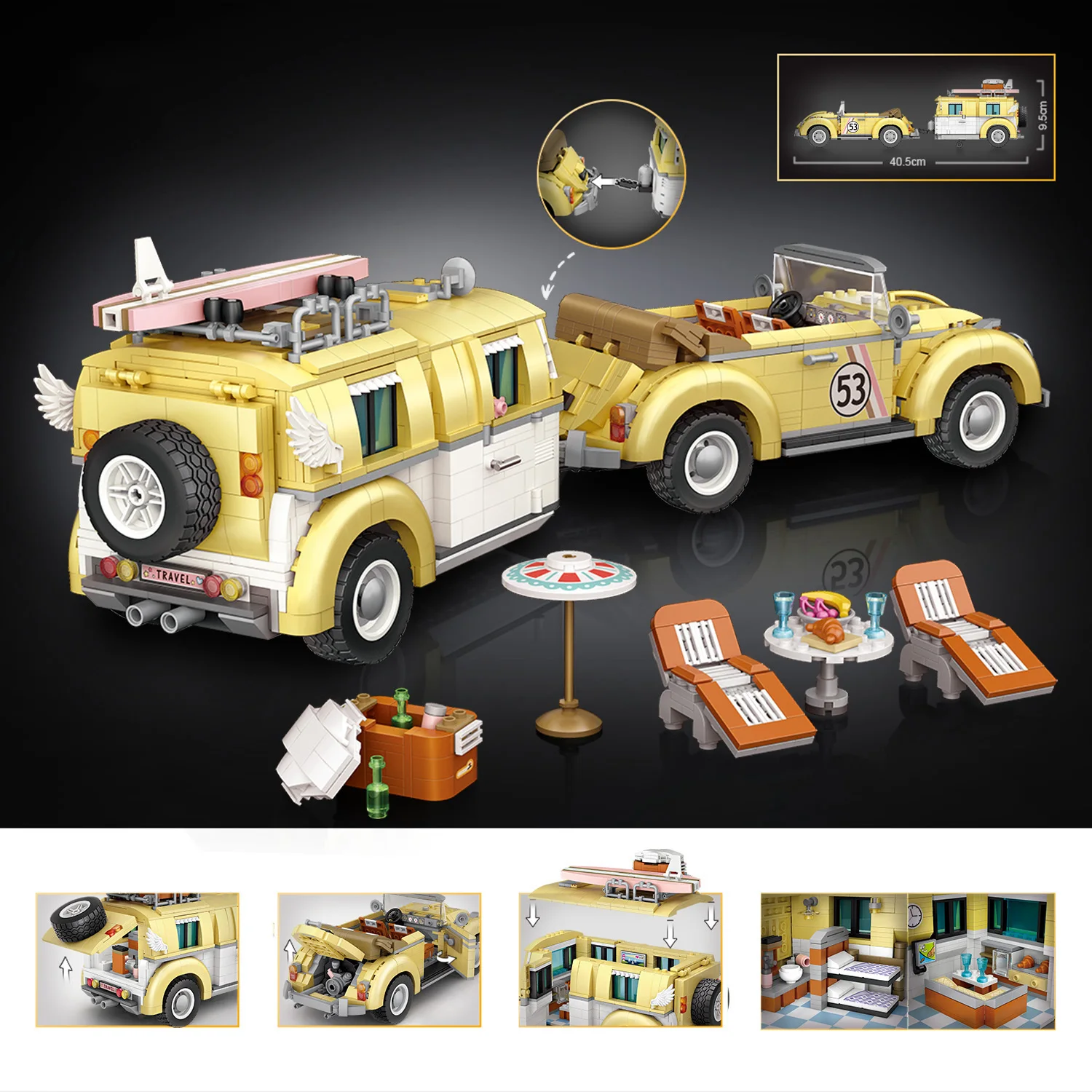 Idea 1:18 Scale Das Auto Beetles Trailer Rv Mini Block Construction Car Model Figures Caravans Building Bricks Toys For Kid Gift