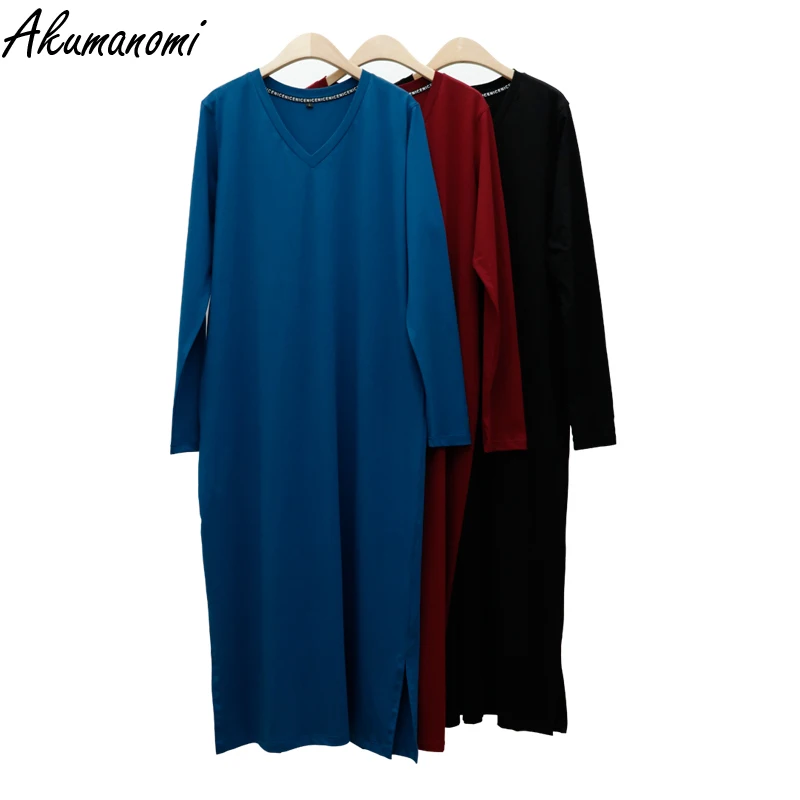 Vestido largo de punto de algodón para mujer, talla grande 6xl, 7xl, 8xl, 9xl, 10xl, informal, otoño, primavera, negro, cuello en V, manga larga