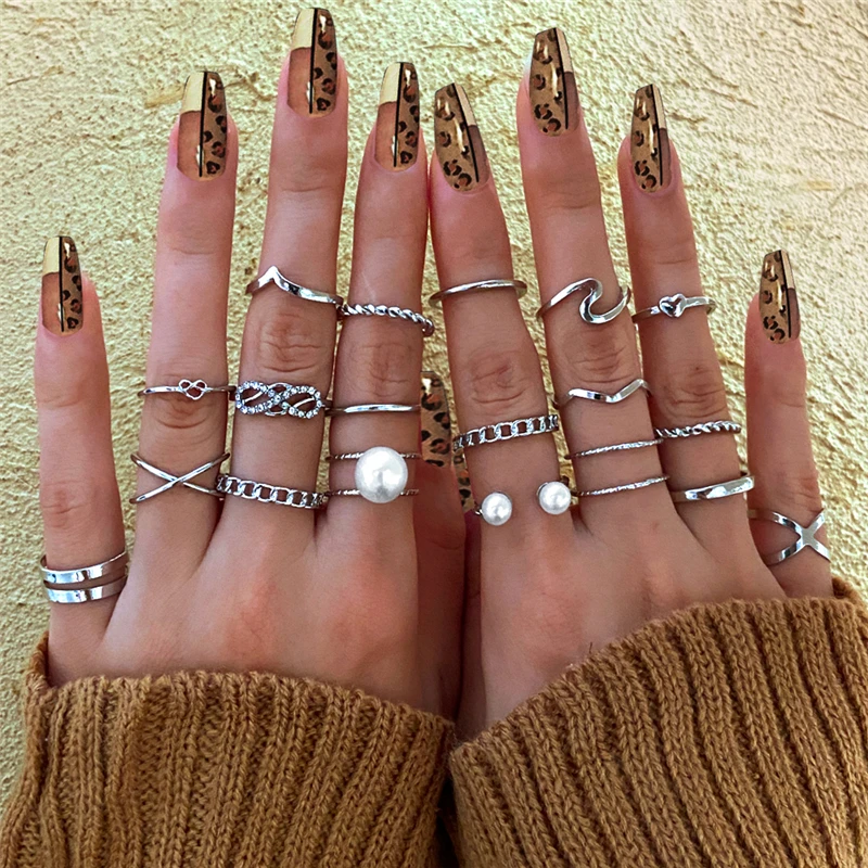 Punk Ring Set 19Pcs for Women Vintage Adjustable For Girls Pearl Punk Snake 2021  New Trendy Fashion Jewellery