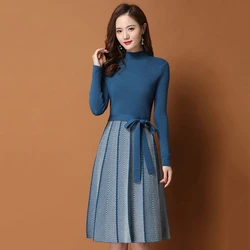 Women Pleated Autumn Winter hem striped printed Sweater Dress elegant Female A-Line Dresses Soft Rib Knitted dresses with belt