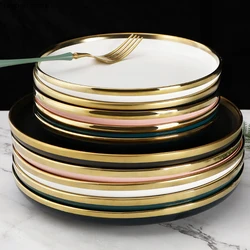 Dark Green Ceramic Gold-rimmed Dinner Plate 10 Inch Tableware Salad/dessert Plate Decoration Kitchen Porcelain Tableware