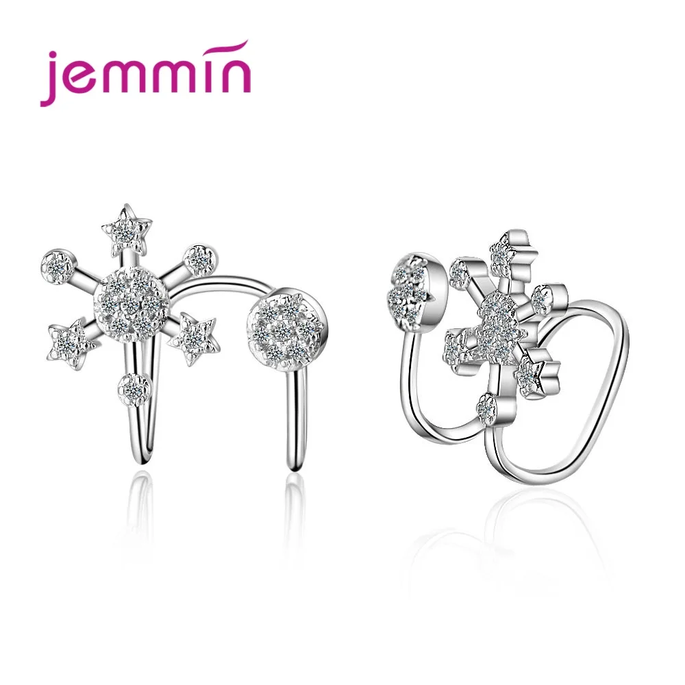 New Women 925 Sterling Silver Clip Earrings Snowflake Korean Style Prong Setting Ear Cuff Cubic Zircon Birthday Gift Jewelry