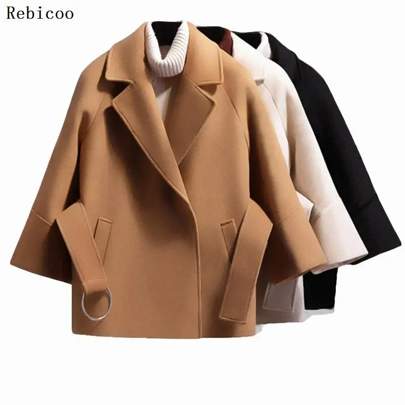 

Autumn Winter Women Short Woolen Coat Belt Jacket Female Raglan Sleeves Cloak Jackets Elegant Single Button Black Camel