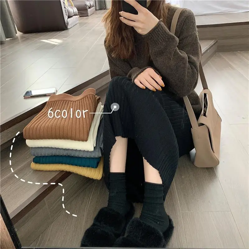 

Knitting Skirt Women High Waist Solid Classic Autumn Slender Elegant Retro Mid-calf Skirts Femme Korean Fashion Stretch Casual