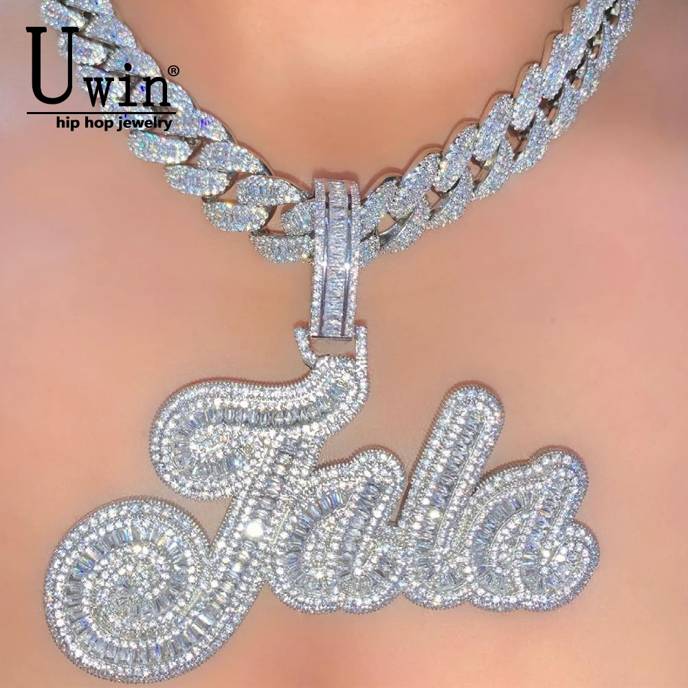 

Uwin Custom CURSIVE Name Necklace Baguette Pendant Letters Customized Full Iced Out For Men HipHop Jewelry Gift