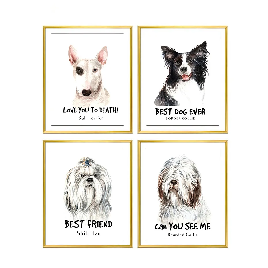 Cute Adorable Dog Bull Terrier Border Collie Shih Tzu Beared Collie Living Room Sofa Modern Decorative Painting Canvas Painting